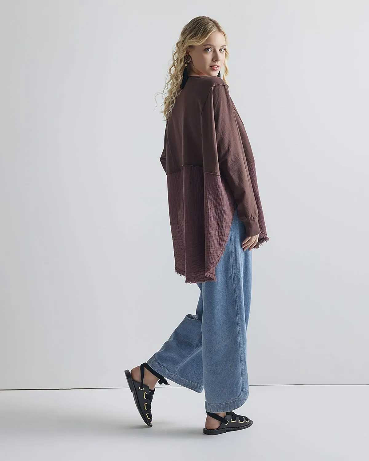 noflik 100% Cotton Comfy Oversized Round Side Slit Contrast Top & Pleat Detail Ballon Sleeve High and Low Top
