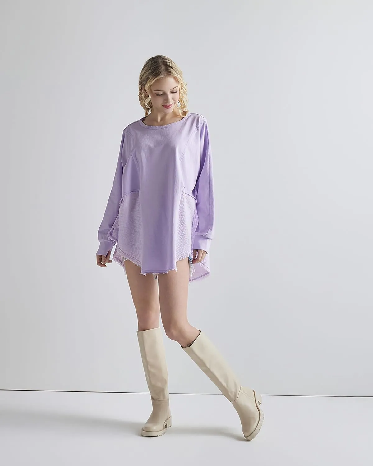 noflik 100% Cotton Comfy Oversized Round Side Slit Contrast Top & Pleat Detail Ballon Sleeve High and Low Top
