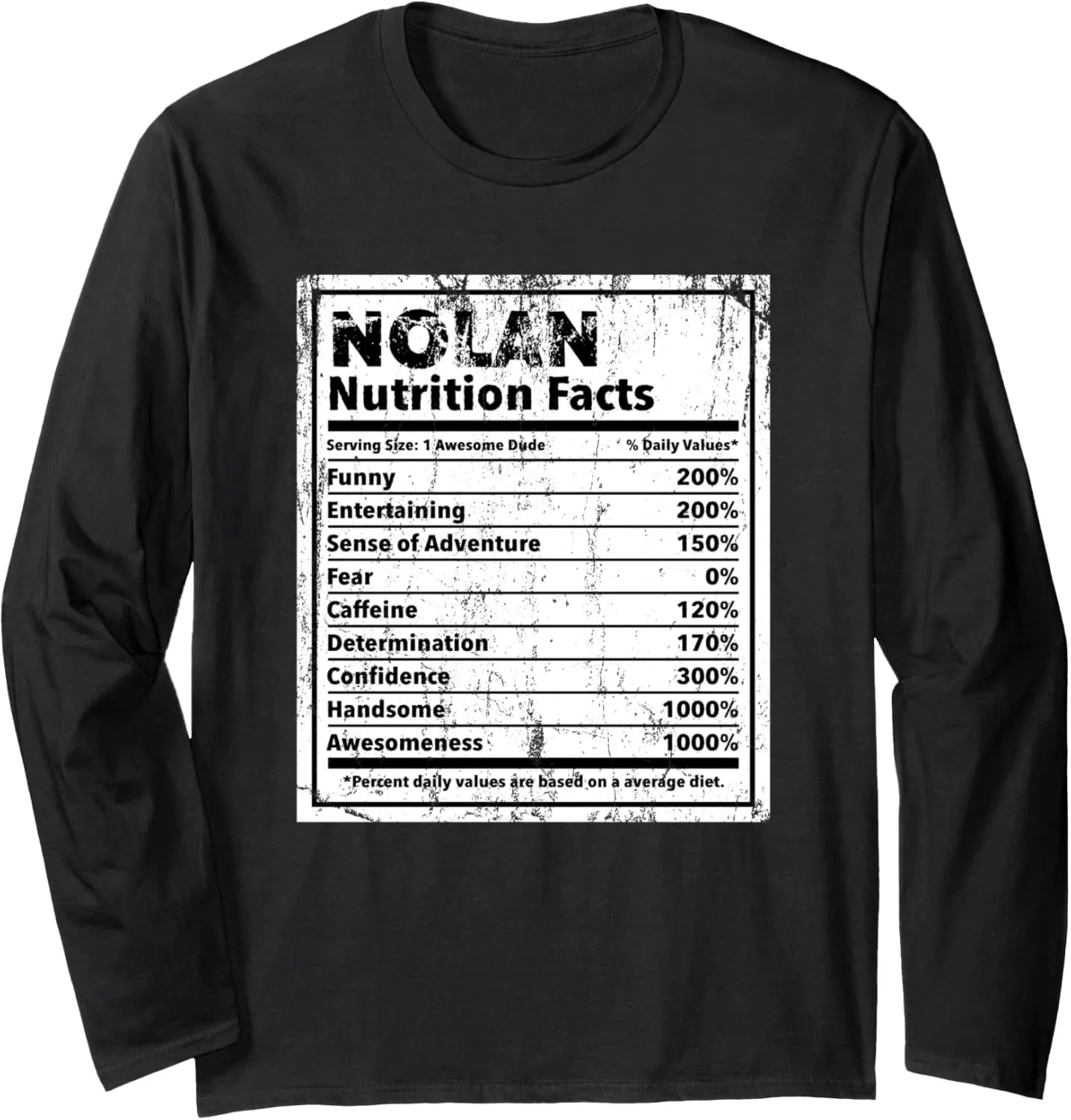 Nolan Nutrition Facts Funny Name Humor Nickname Sarcasm Long Sleeve T-Shirt
