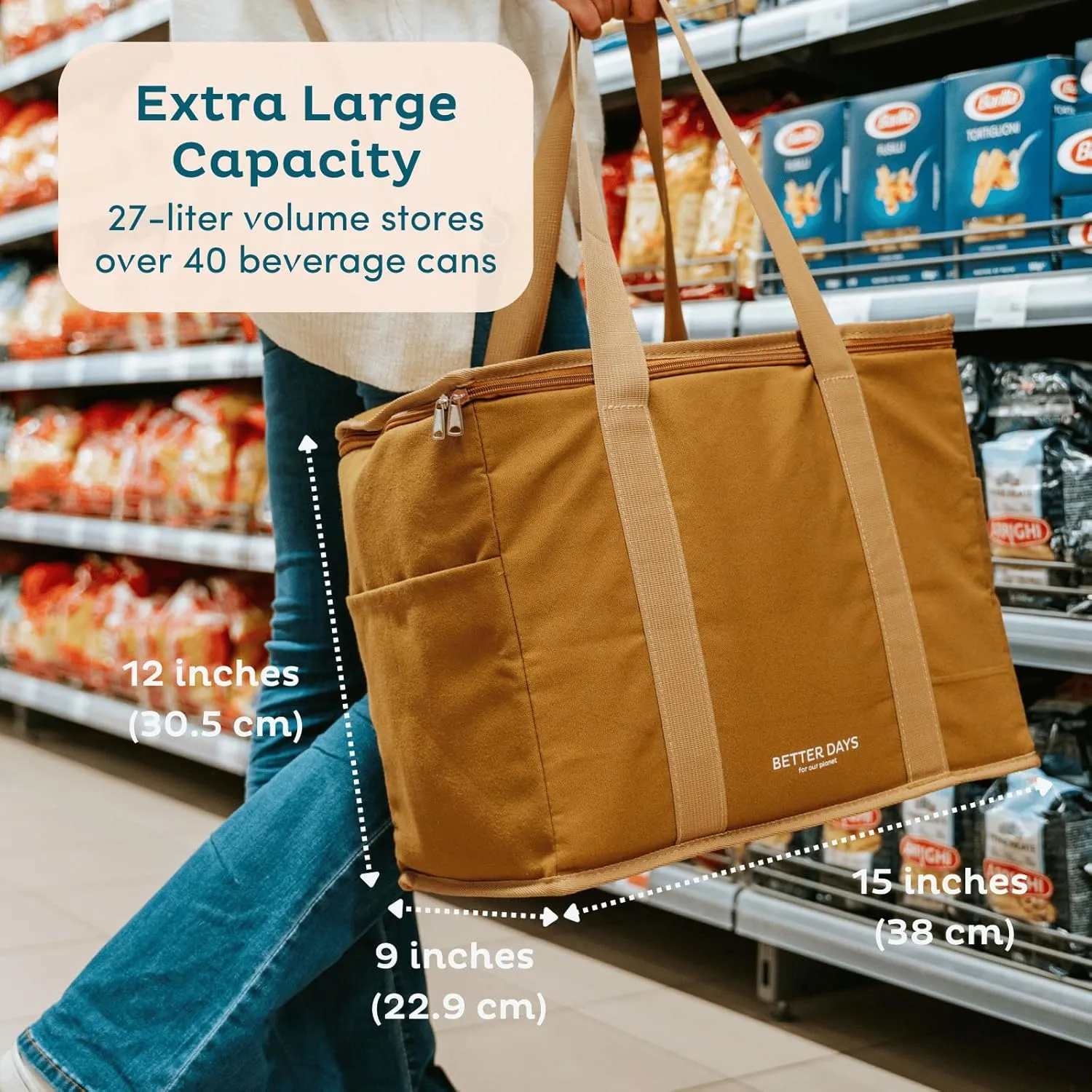 Nook Theory Reusable Insulated Grocery Bag - Leak Proof, X Large Insulated Cooler Bag - Insulated Shopping Bags for Groceries - Travel Cooler Bag for Frozen and Hot Food with Zippered Top (Coast)