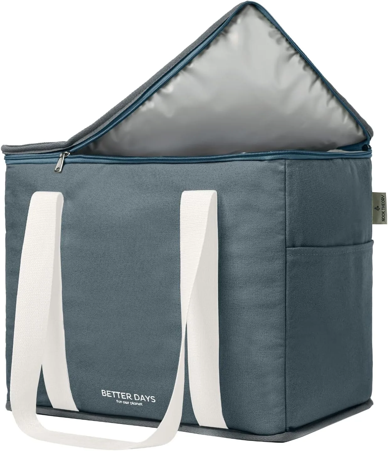 Nook Theory Reusable Insulated Grocery Bag - Leak Proof, X Large Insulated Cooler Bag - Insulated Shopping Bags for Groceries - Travel Cooler Bag for Frozen and Hot Food with Zippered Top (Coast)