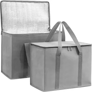 (Not Made In China) Insulated Grocery Bags w/Zippered Top, Reusable Shopping Bags, Catering and Delivery Bag For Hot and Cold Food, Collapsible Thermal Tote For Doordash and Uber Eats
