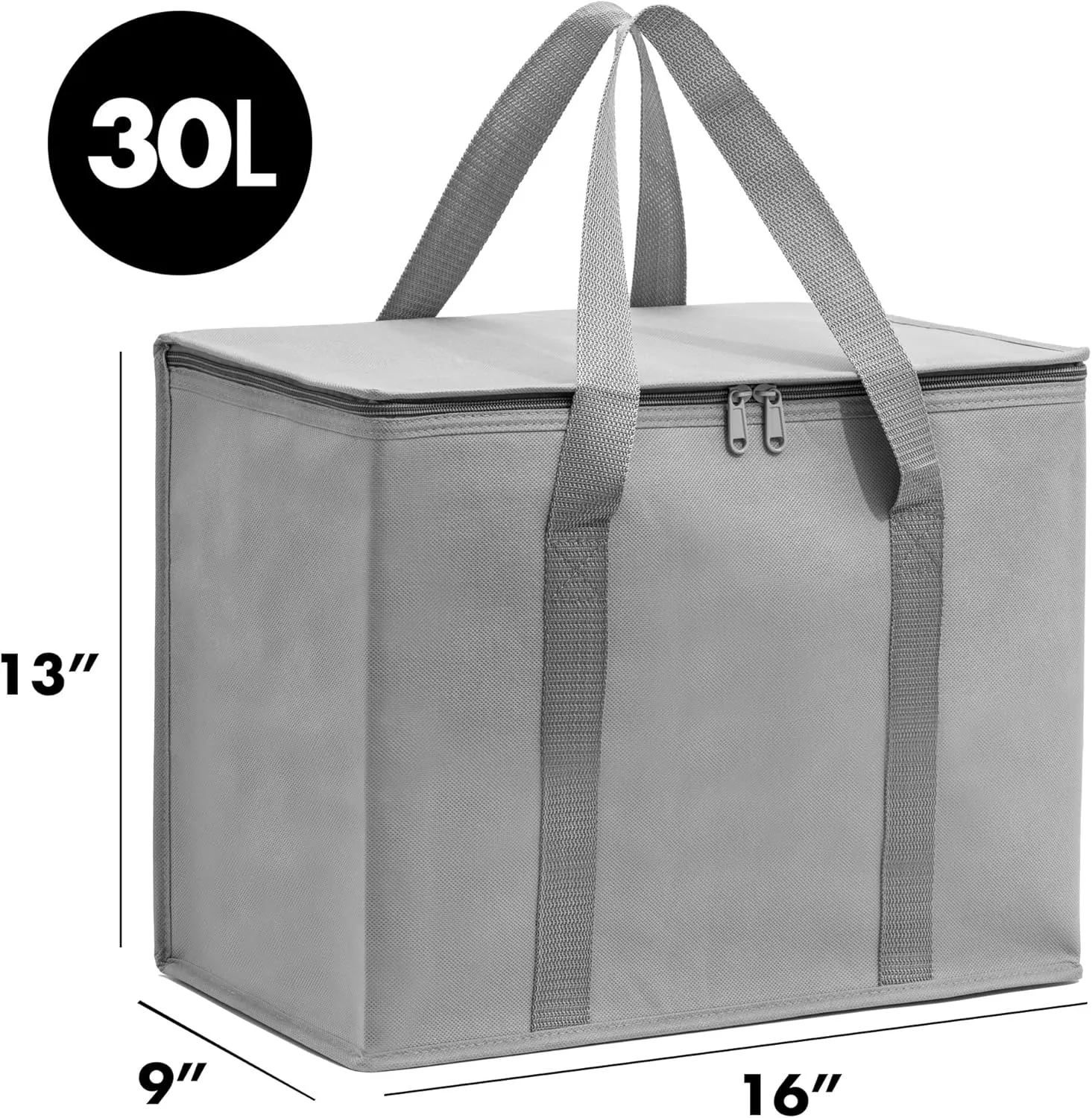 (Not Made In China) Insulated Grocery Bags w/Zippered Top, Reusable Shopping Bags, Catering and Delivery Bag For Hot and Cold Food, Collapsible Thermal Tote For Doordash and Uber Eats