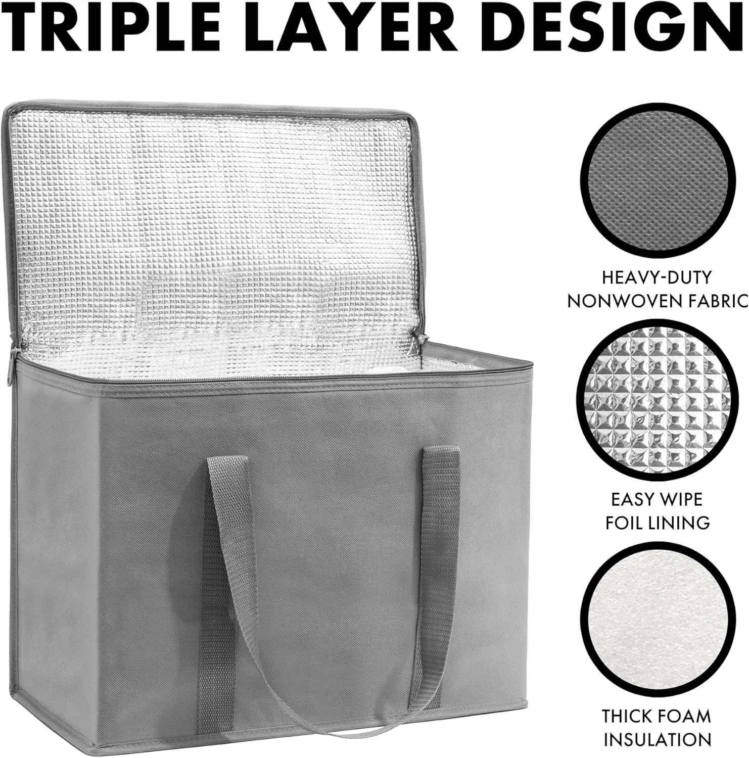 (Not Made In China) Insulated Grocery Bags w/Zippered Top, Reusable Shopping Bags, Catering and Delivery Bag For Hot and Cold Food, Collapsible Thermal Tote For Doordash and Uber Eats
