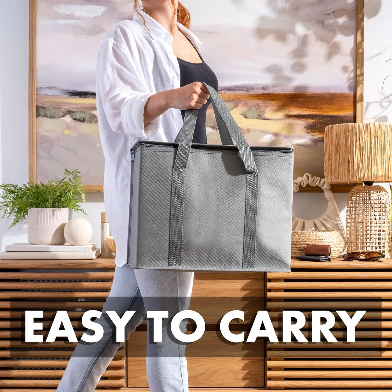 (Not Made In China) Insulated Grocery Bags w/Zippered Top, Reusable Shopping Bags, Catering and Delivery Bag For Hot and Cold Food, Collapsible Thermal Tote For Doordash and Uber Eats