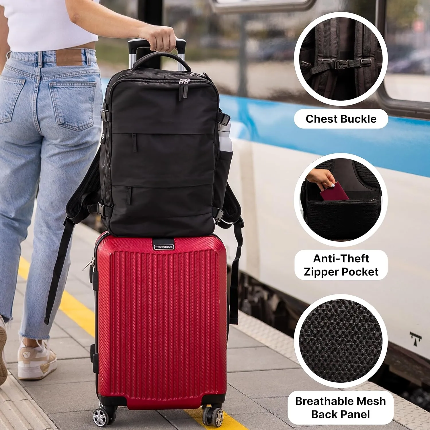 (Not Made In China) Travel Backpack For Men and Women, Airline Approved Carry On Bag w/Shoe Compartment, Fits 16 inch Laptop Computer, Personal Item Bag w/USB Charging Port (Columbus, Black)