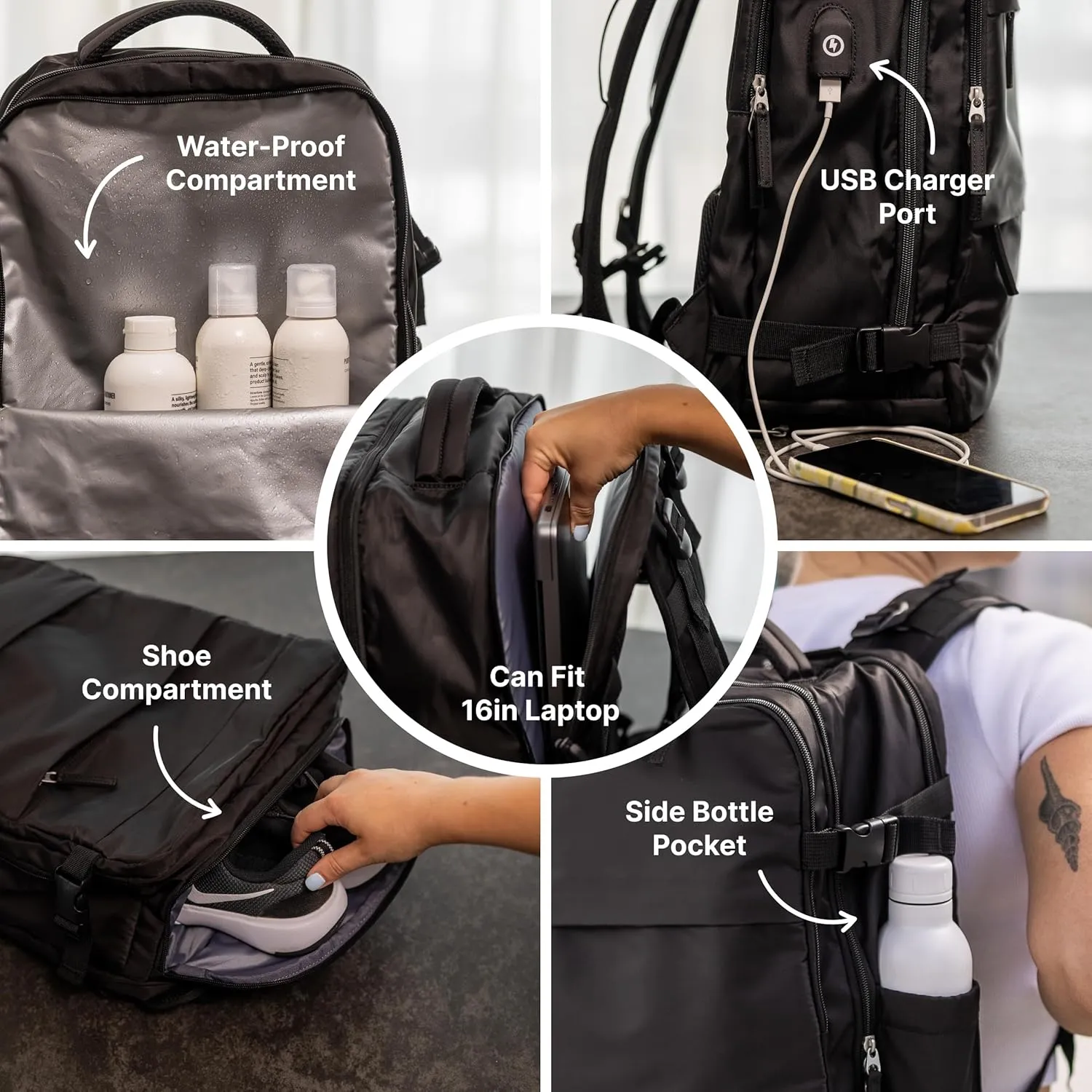 (Not Made In China) Travel Backpack For Men and Women, Airline Approved Carry On Bag w/Shoe Compartment, Fits 16 inch Laptop Computer, Personal Item Bag w/USB Charging Port (Columbus, Black)