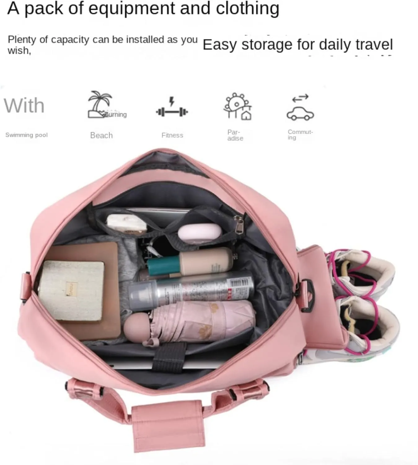 NSADE Solid Pleated Travel Bag Portable Large Capacity Luggage Bag Dry Wet Separation Sports Fitness Bag Independent Shoe Warehouse Single Shoulder(Taro purple)