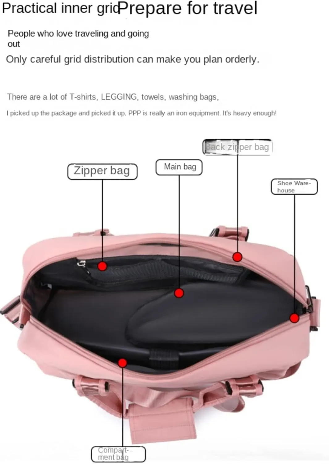 NSADE Solid Pleated Travel Bag Portable Large Capacity Luggage Bag Dry Wet Separation Sports Fitness Bag Independent Shoe Warehouse Single Shoulder(Taro purple)