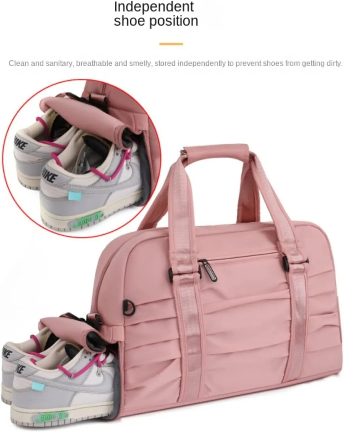 NSADE Solid Pleated Travel Bag Portable Large Capacity Luggage Bag Dry Wet Separation Sports Fitness Bag Independent Shoe Warehouse Single Shoulder(Taro purple)