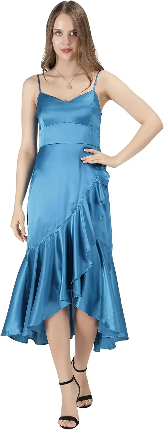 NUEVOSDAMAS Women's Satin Lycra Solid Frill Midi Dress, Cocktail Party Dresses, Sleeveless Cocktail midi Dresses