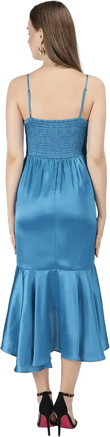 NUEVOSDAMAS Women's Satin Lycra Solid Frill Midi Dress, Cocktail Party Dresses, Sleeveless Cocktail midi Dresses