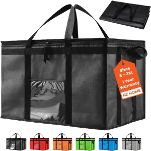NZ home Insulated Cooler Bag and Food Warmer (3XL, 2 Pack) for Delivery & Grocery Shopping with Zippered Top, Black