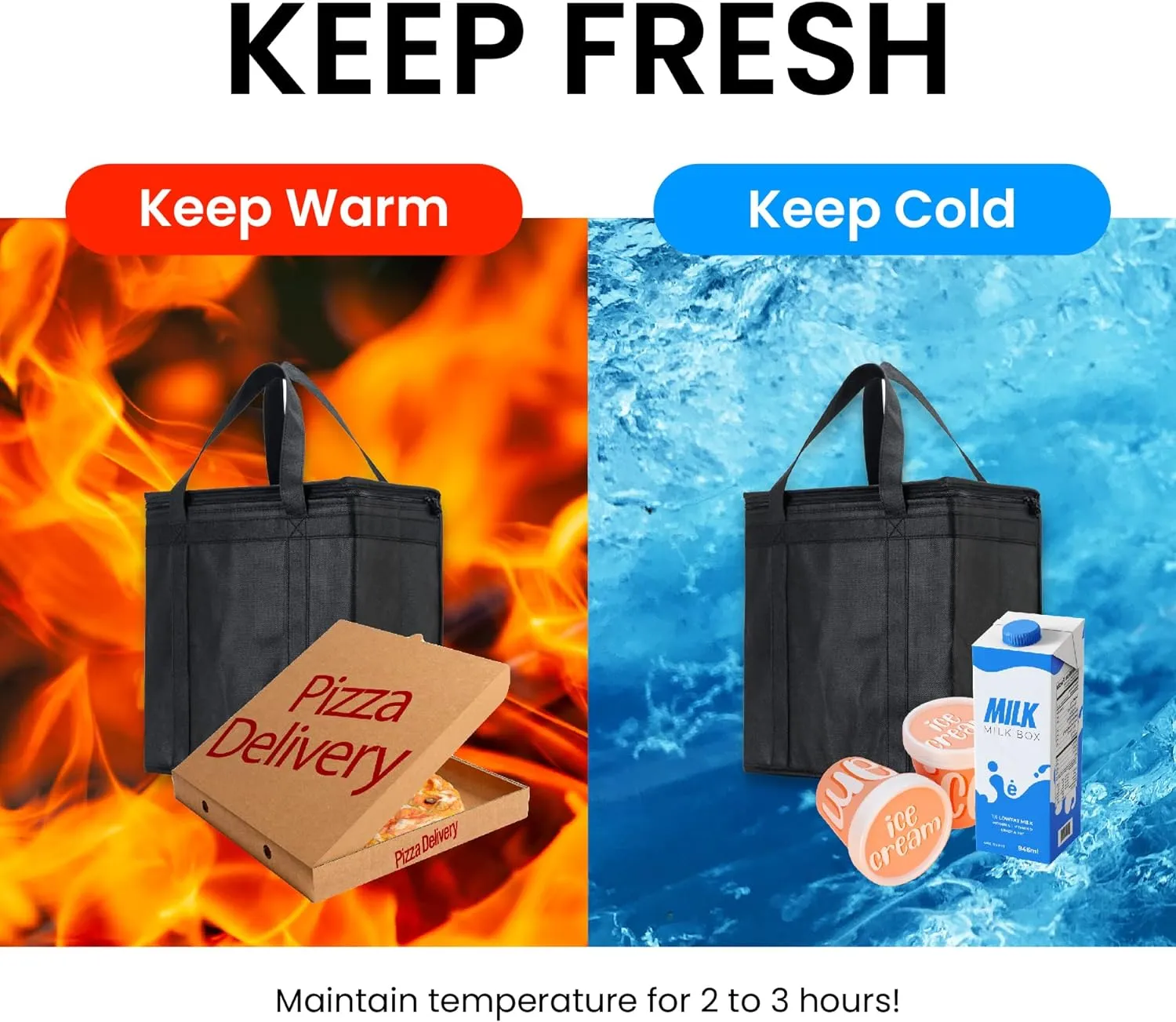 NZ Home Insulated Cooler Bag and Food Warmer (Medium, 2 pack) for Food Delivery & Grocery Shopping with Zippered Top, Black
