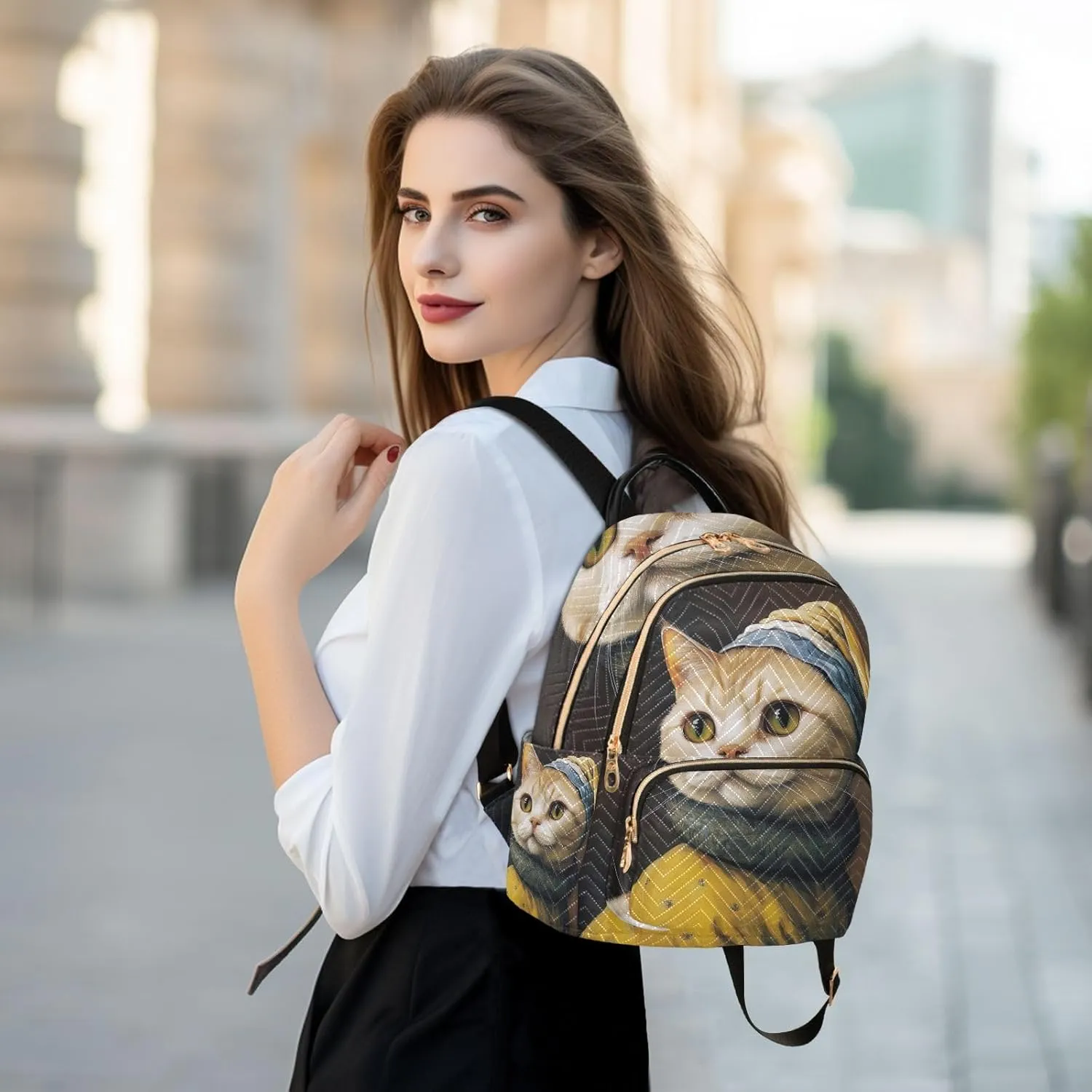 ODAWA Funny Cat Imitate Paintings Daypack Travel Backpack Quilted Backpack Purse for Women