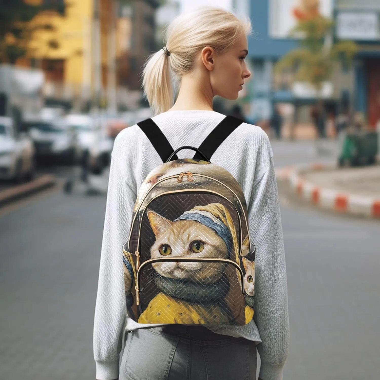 ODAWA Funny Cat Imitate Paintings Daypack Travel Backpack Quilted Backpack Purse for Women