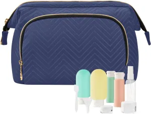 ODAWA Noble Blue Quilted Cosmetic Bag with 9-Piece Accessory Set, Wide-open Cosmetic Travel Bags Cosmetic Bags for Women for Purse
