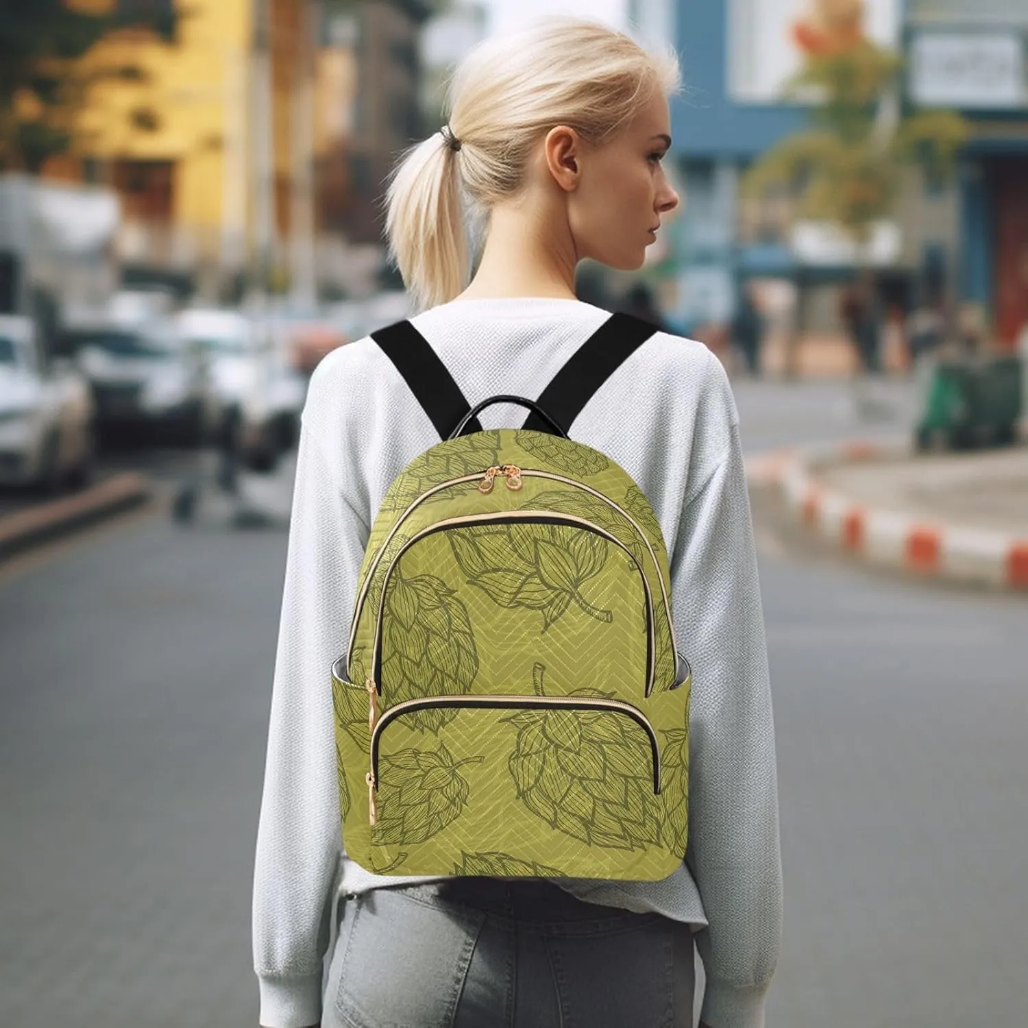 ODAWA Plant Hops Beer Small Quilted Backpack for Women Lightweight Backpack Purse Quilted Travel Bag