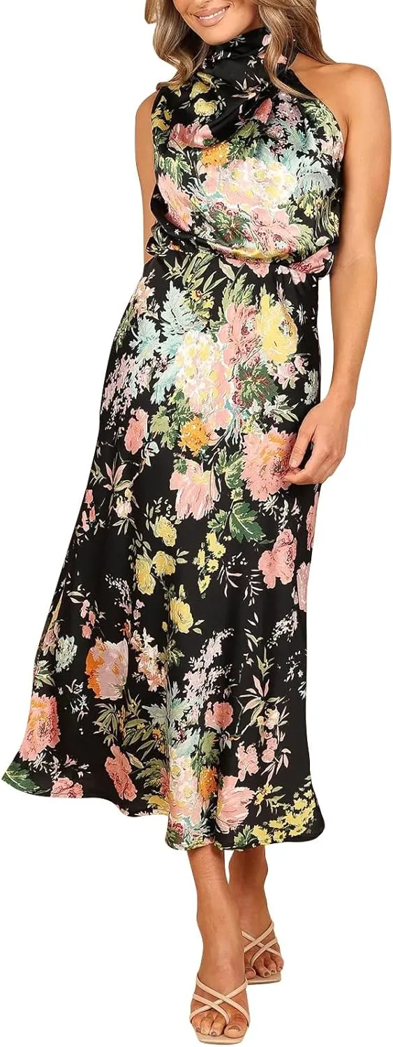 ODIZLI Women Halter Neck Satin Dresses Sleeveless Floral Print Cocktail Dress Elegant Party Gown Prom Summer Dresses