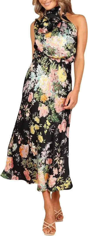 ODIZLI Women Halter Neck Satin Dresses Sleeveless Floral Print Cocktail Dress Elegant Party Gown Prom Summer Dresses