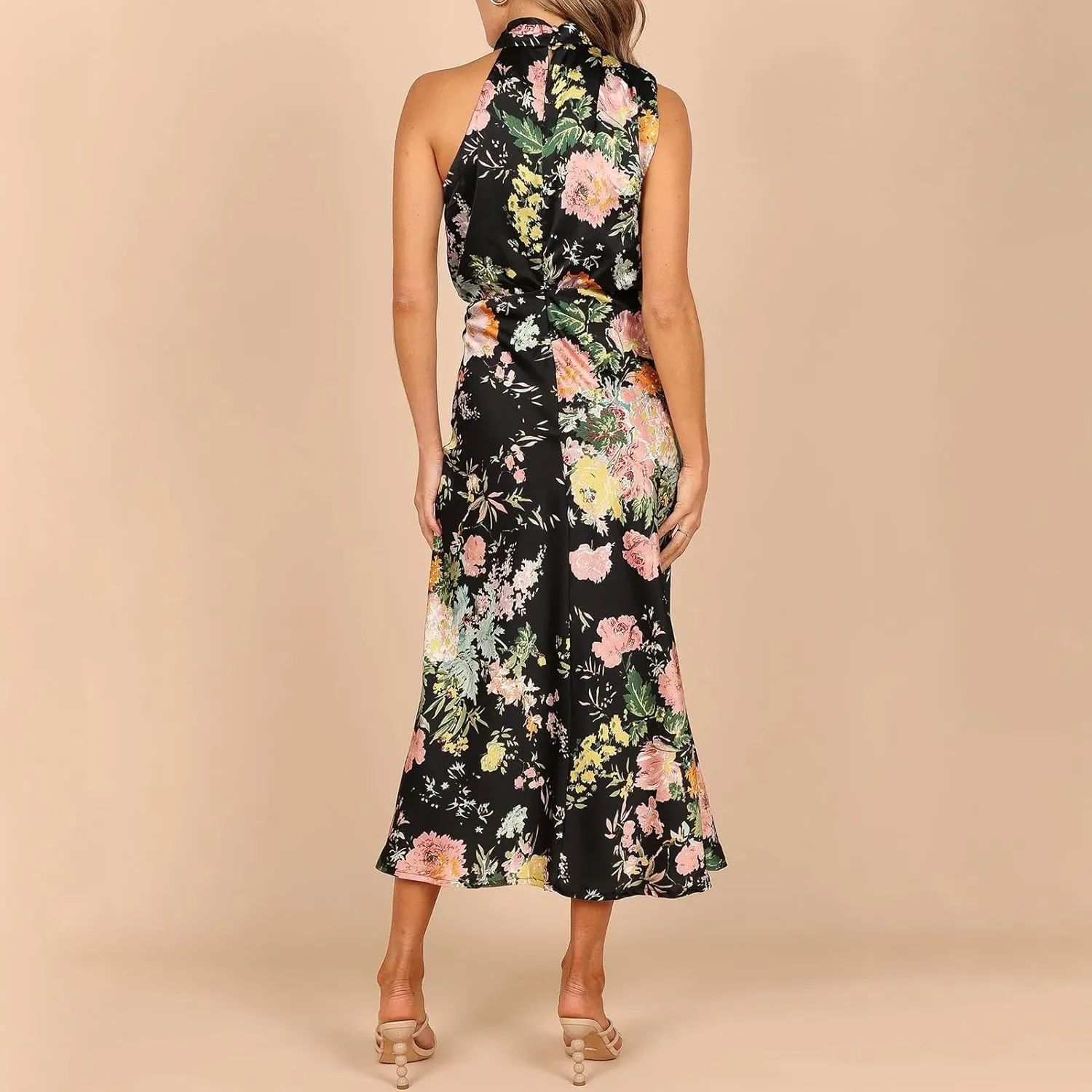 ODIZLI Women Halter Neck Satin Dresses Sleeveless Floral Print Cocktail Dress Elegant Party Gown Prom Summer Dresses