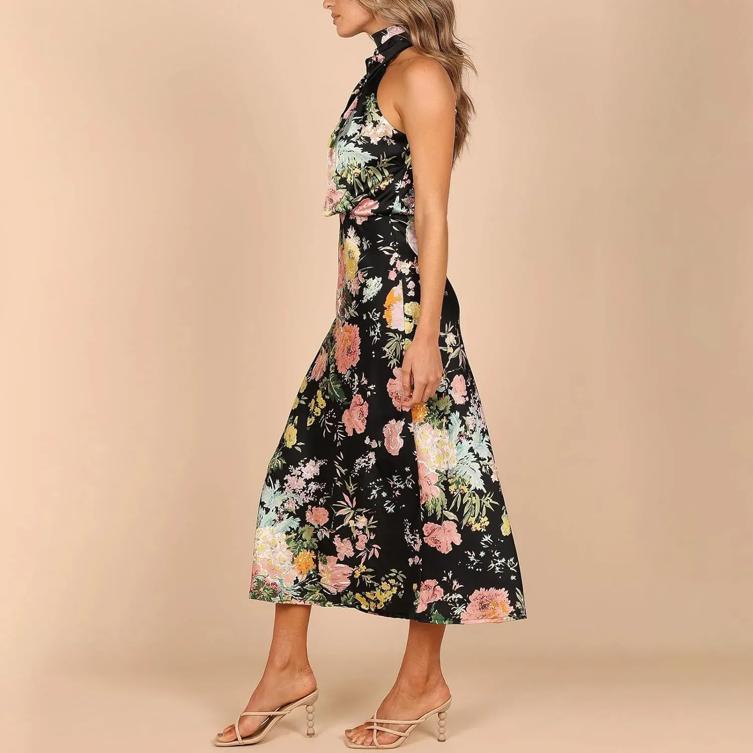ODIZLI Women Halter Neck Satin Dresses Sleeveless Floral Print Cocktail Dress Elegant Party Gown Prom Summer Dresses