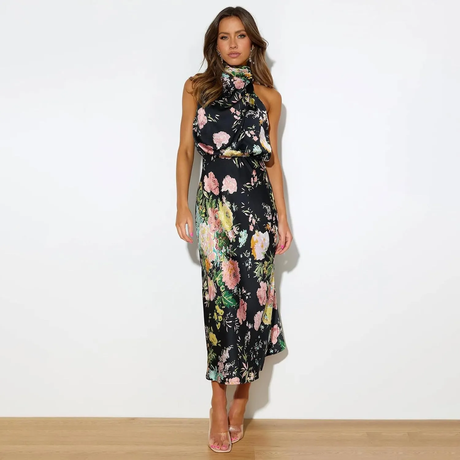 ODIZLI Women Halter Neck Satin Dresses Sleeveless Floral Print Cocktail Dress Elegant Party Gown Prom Summer Dresses