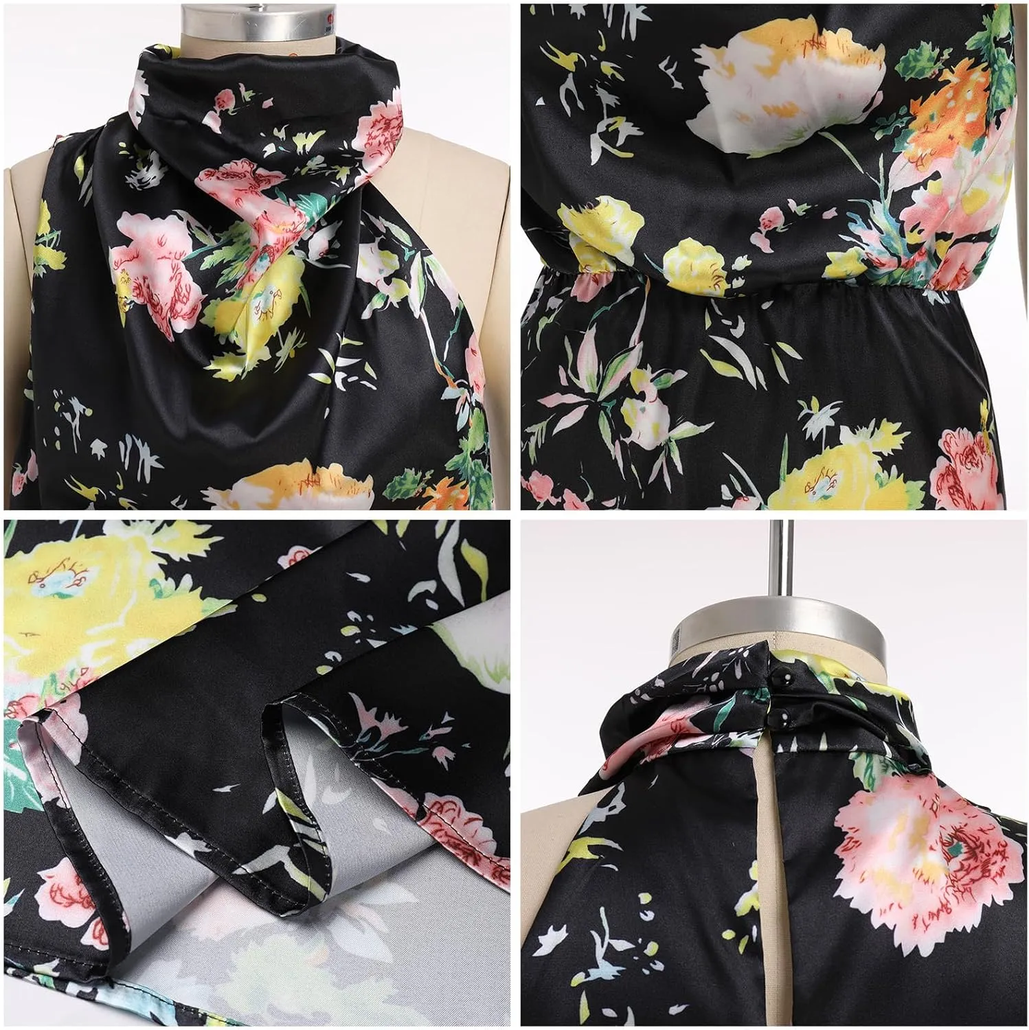 ODIZLI Women Halter Neck Satin Dresses Sleeveless Floral Print Cocktail Dress Elegant Party Gown Prom Summer Dresses