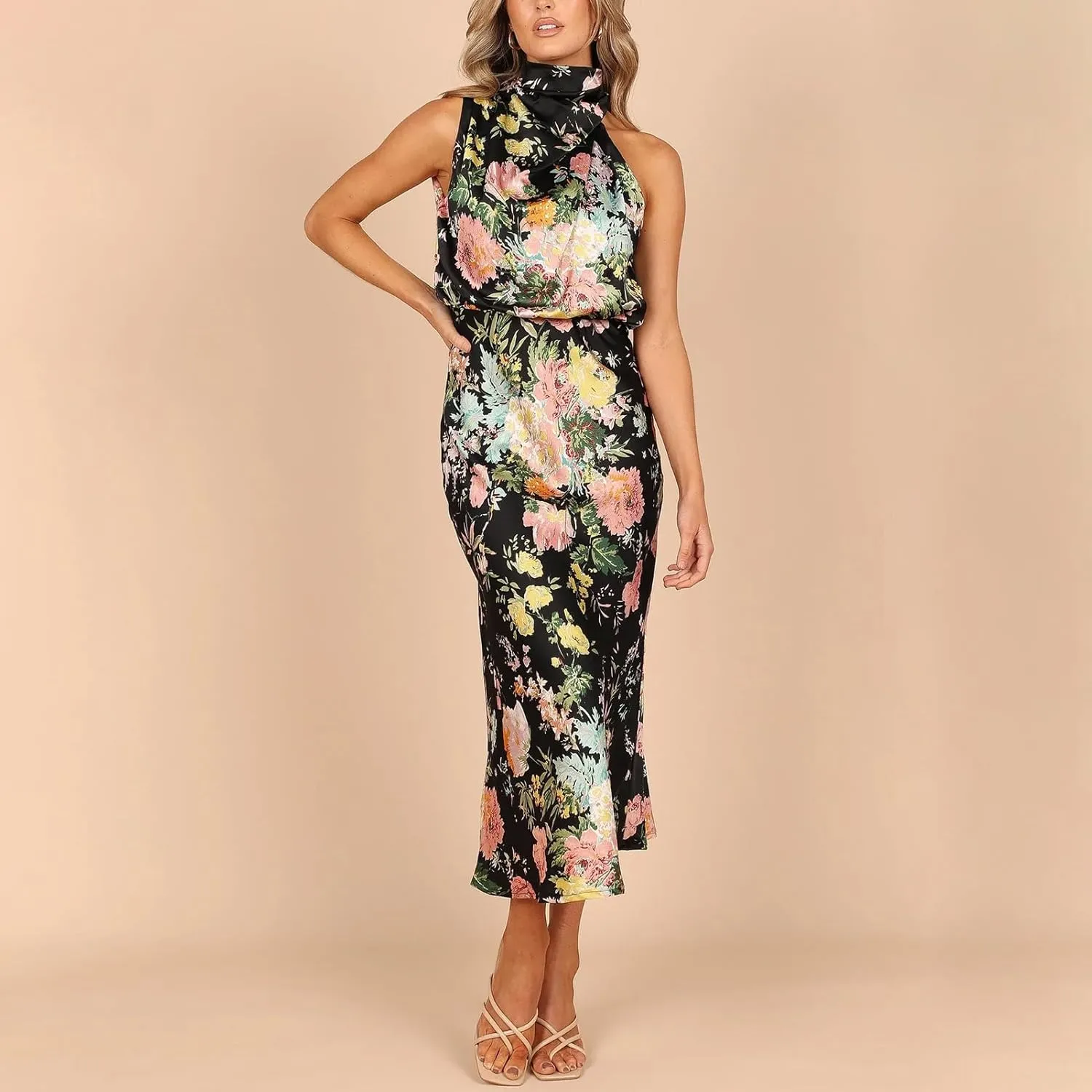 ODIZLI Women Halter Neck Satin Dresses Sleeveless Floral Print Cocktail Dress Elegant Party Gown Prom Summer Dresses