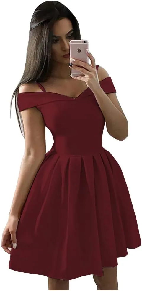 OFEECHUN Women's Off The Shoulder Satin Homecoming Dresses Short A Line Cocktail Prom Party Gowns with Pockets