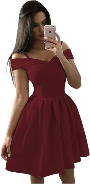 OFEECHUN Women's Off The Shoulder Satin Homecoming Dresses Short A Line Cocktail Prom Party Gowns with Pockets