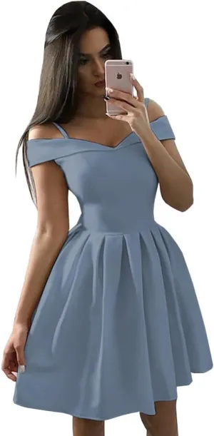 OFEECHUN Women's Off The Shoulder Satin Homecoming Dresses Short A Line Cocktail Prom Party Gowns with Pockets