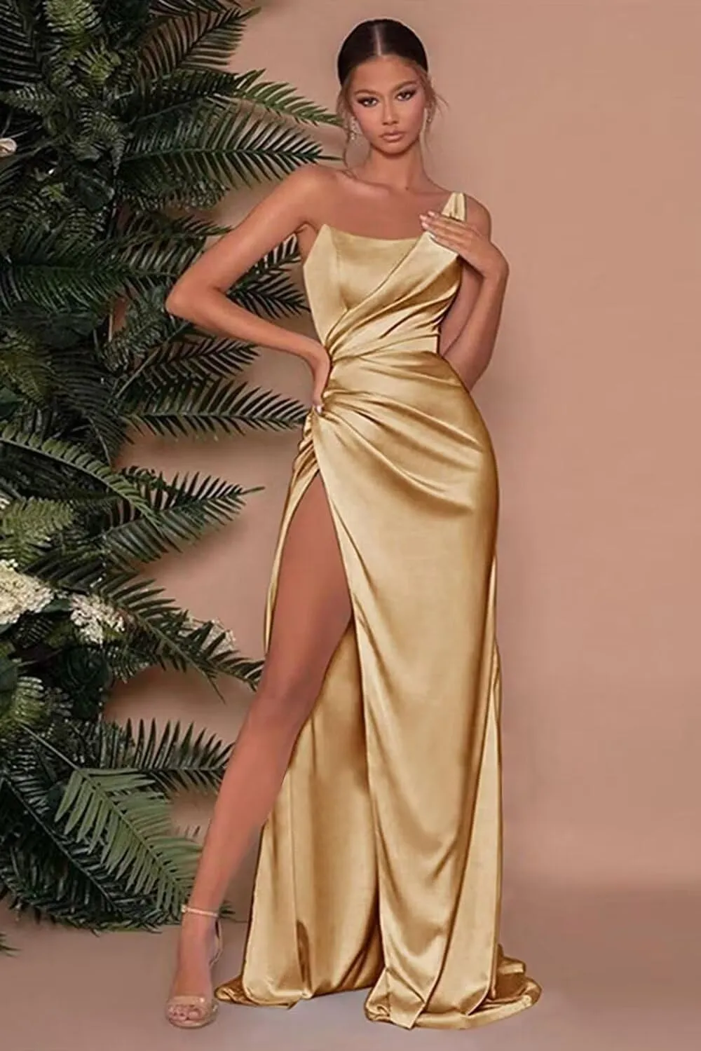 OFEYCHUN Satin Prom Dresses for Teens with Slit One Shoulder Bridesmaid Dresses Pleated Formal Dresses