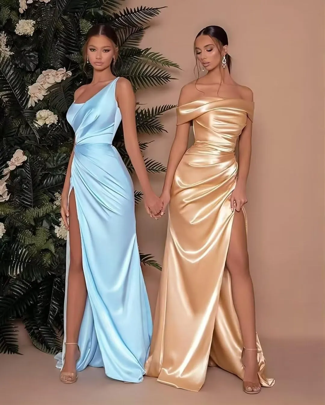 OFEYCHUN Satin Prom Dresses for Teens with Slit One Shoulder Bridesmaid Dresses Pleated Formal Dresses