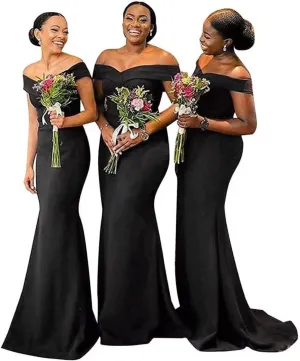 Off Shoulder Mermaid Bridesmaid Dresses for Wedding Satin Formal Evening Gowns Bodycon Prom Dress with Train