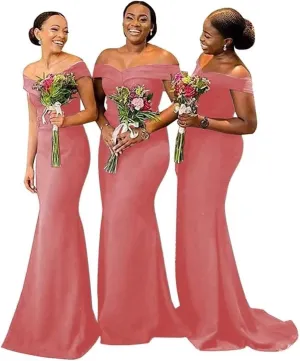 Off Shoulder Mermaid Bridesmaid Dresses for Wedding Satin Formal Evening Gowns Bodycon Prom Dress with Train