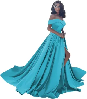 Off Shoulder Satin Prom Dresses Ball Gown Plus Size Formal Dresses for Women Wedding Dress with Slit