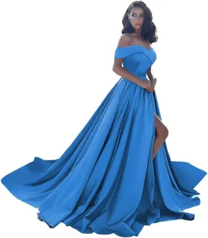 Off Shoulder Satin Prom Dresses Ball Gown Plus Size Formal Dresses for Women Wedding Dress with Slit