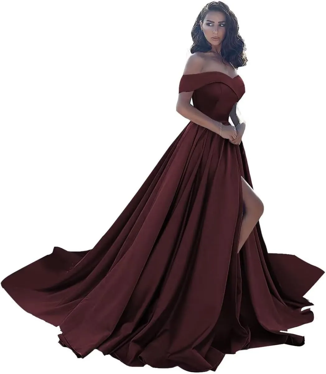 Off Shoulder Satin Prom Dresses Ball Gown Plus Size Formal Dresses for Women Wedding Dress with Slit