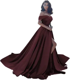 Off Shoulder Satin Prom Dresses Ball Gown Plus Size Formal Dresses for Women Wedding Dress with Slit