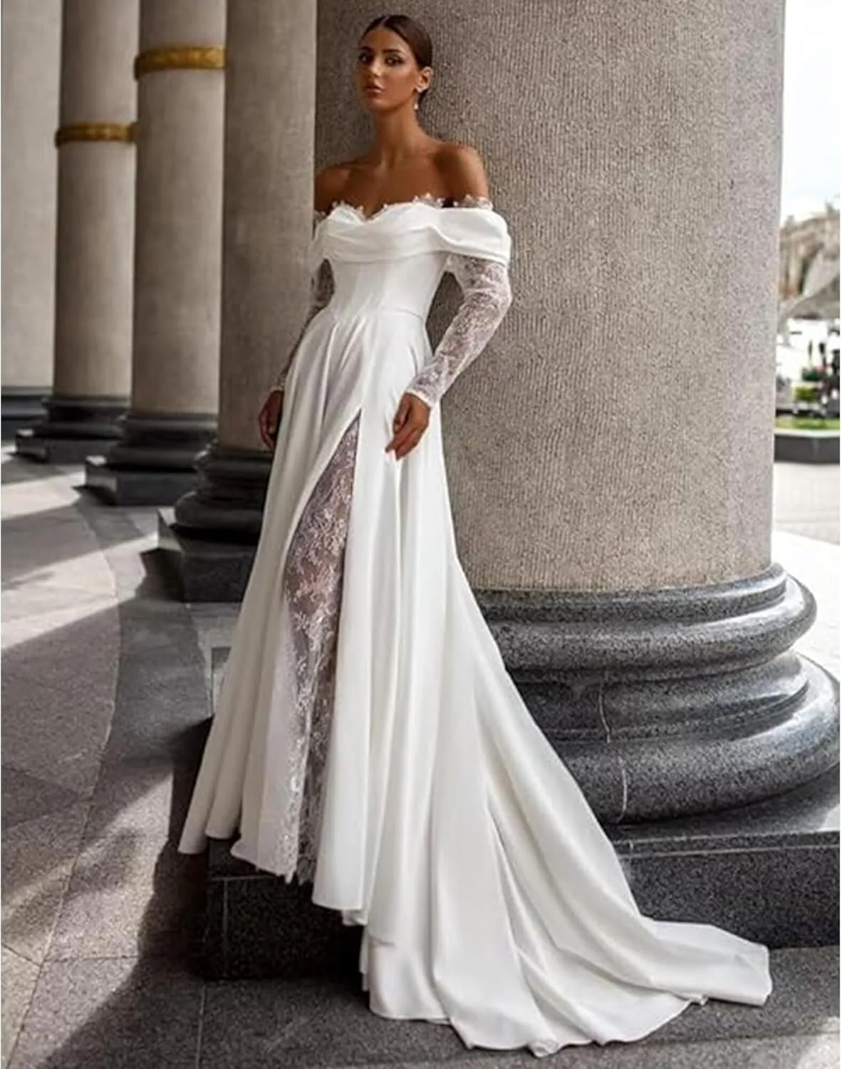 Off Shoulder Satin Wedding Dresses for Women Lace Long Sleeve Wedding Dresses for Bride Bridal Gowns with Side Slit