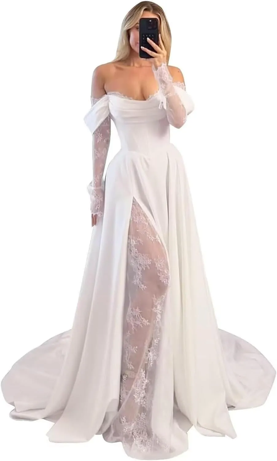 Off Shoulder Satin Wedding Dresses for Women Lace Long Sleeve Wedding Dresses for Bride Bridal Gowns with Side Slit
