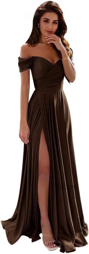 Off The Shoulder Bridesmaid Dresses Satin Prom Dress A Line Split Evening Party Dress for Women HS011
