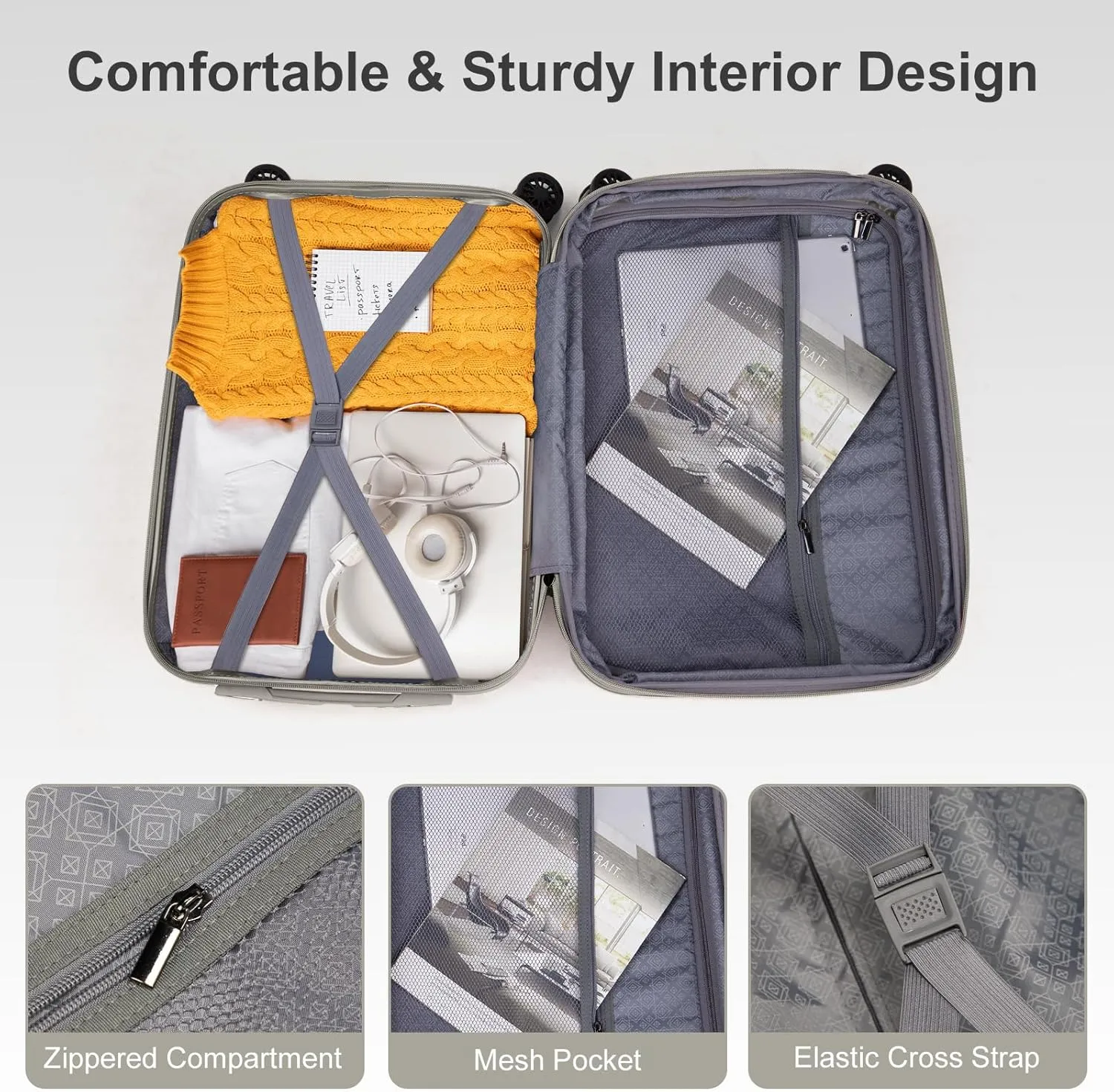 OmySalon Luggage Sets 2 Pieces Airline Approved, 14'' Carry-On Suitcase & 20'' PC ABS Hardshell Luggage w/ 360° Spinner Silent Wheels, TSA Lock, Expandable Lightweight Suitcase Sets (Grey)