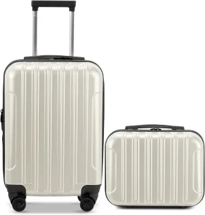 OmySalon Luggage Sets 2 Pieces Airline Approved, 14'' Carry-On Suitcase & 20'' PC ABS Hardshell Luggage w/ 360° Spinner Silent Wheels, TSA Lock, Expandable Lightweight Suitcase Sets (White)