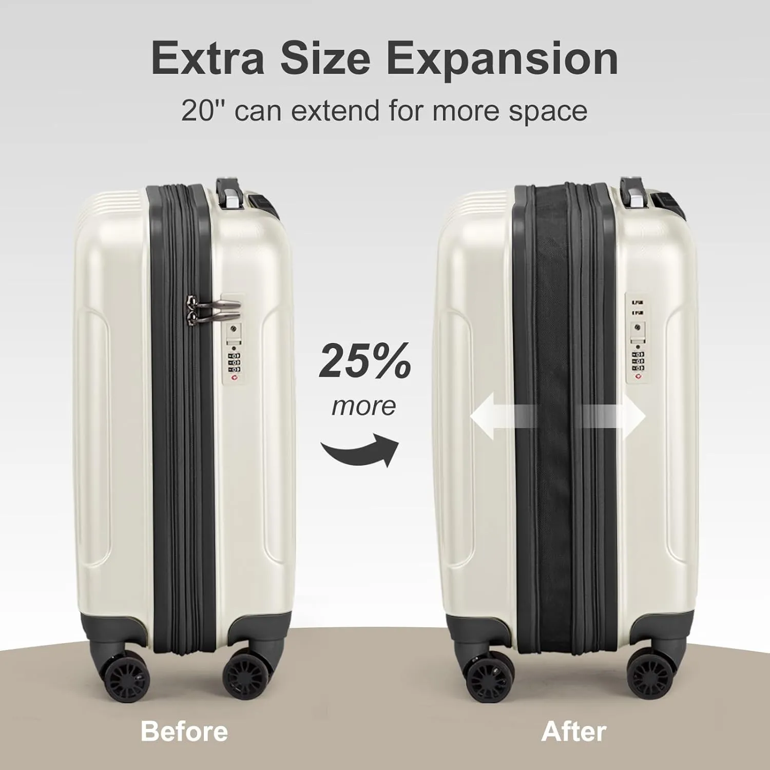 OmySalon Luggage Sets 2 Pieces Airline Approved, 14'' Carry-On Suitcase & 20'' PC ABS Hardshell Luggage w/ 360° Spinner Silent Wheels, TSA Lock, Expandable Lightweight Suitcase Sets (White)