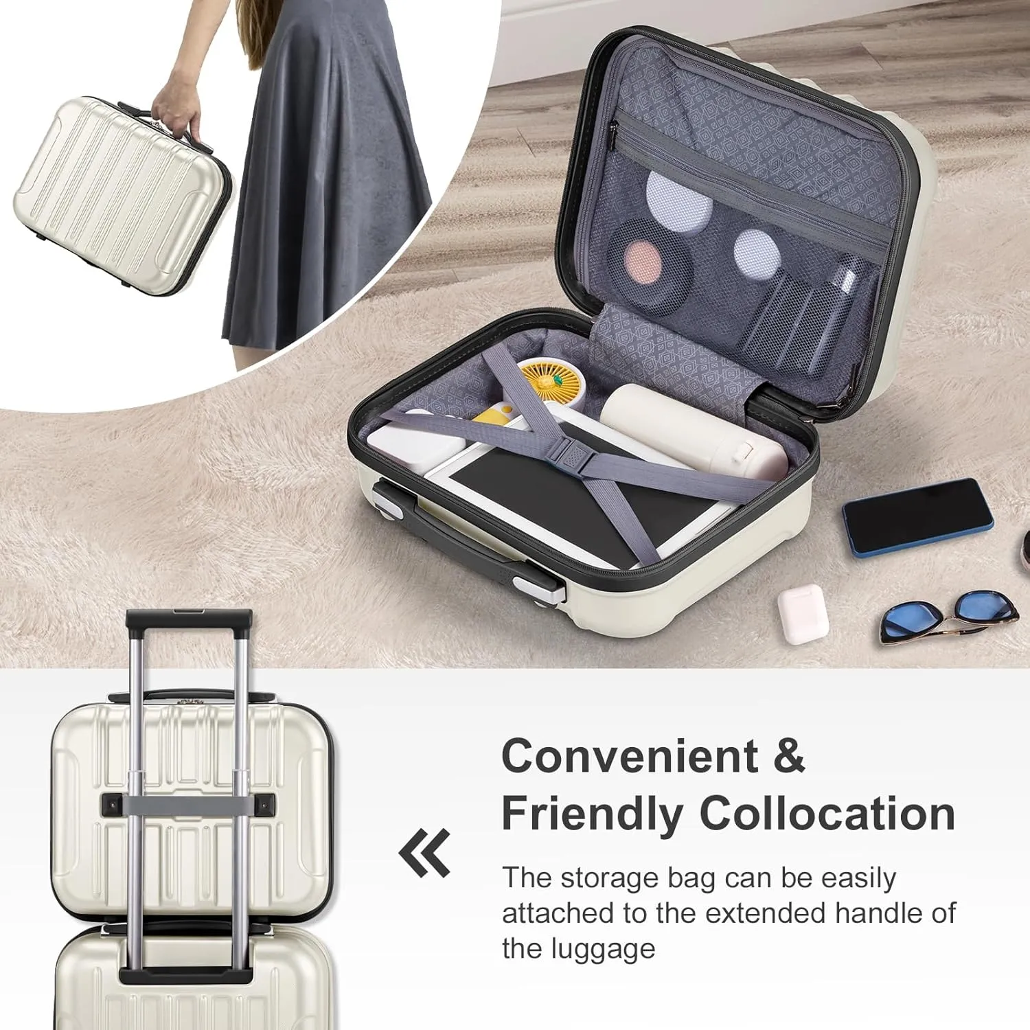 OmySalon Luggage Sets 2 Pieces Airline Approved, 14'' Carry-On Suitcase & 20'' PC ABS Hardshell Luggage w/ 360° Spinner Silent Wheels, TSA Lock, Expandable Lightweight Suitcase Sets (White)