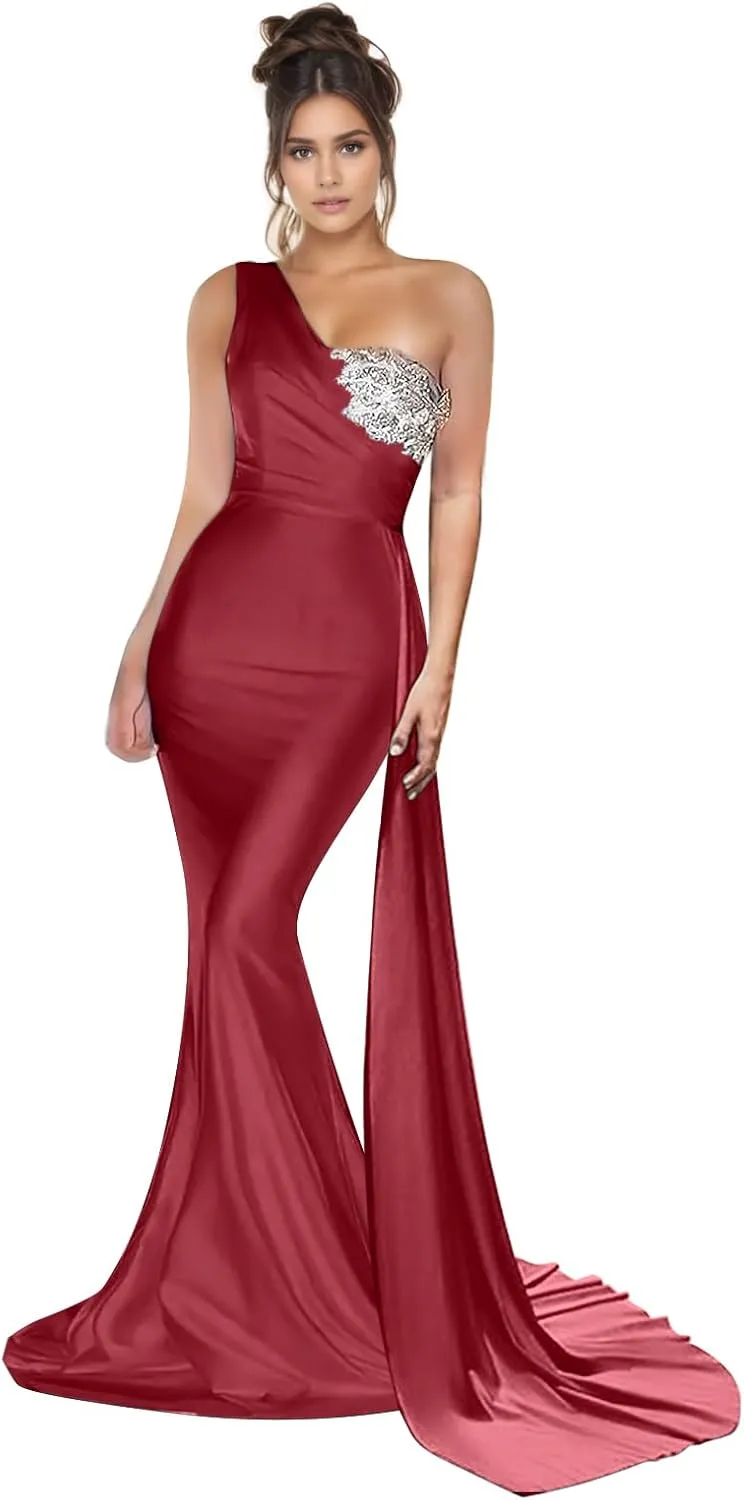 One Shoulder Beaded Bridesmaid Dresses for Women 2025 Long Satin Mermaid Ruched Formal Party Dress with Train YK510