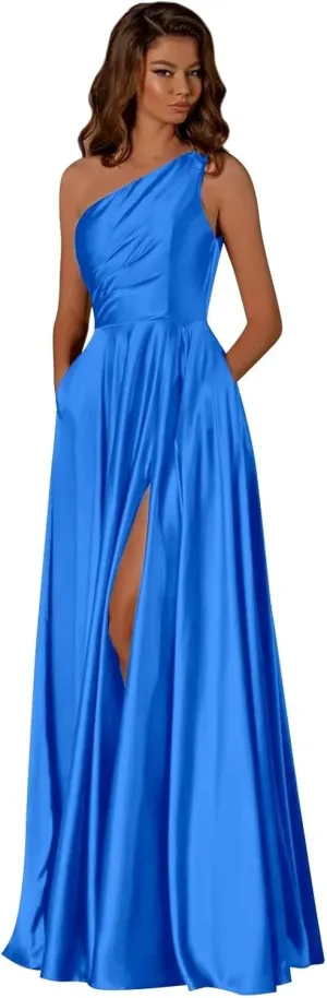 One Shoulder Bridesmaid Dresses for Women Satin Prom Dress with Pockets A Line Formal Dress with Slit