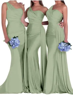 One Shoulder Bridesmaid Dresses Satin Mermaid Long Formal Dresses Pleated Prom Dress for Wedding Women